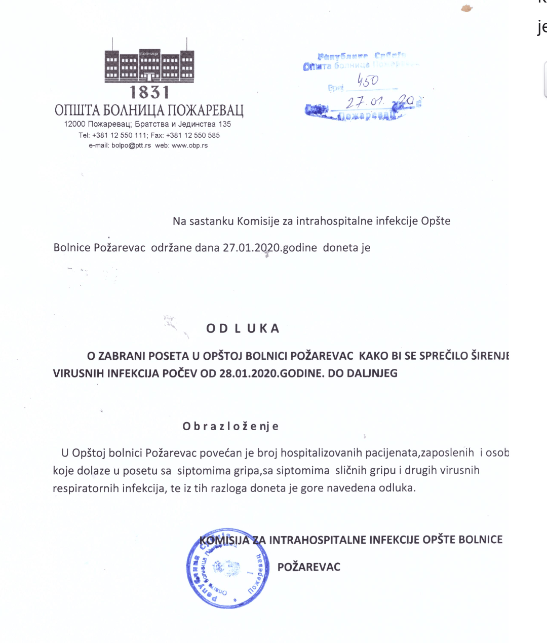 Zabrana poseta u OBP kako bi se sprečilo širenje virusnih infekcija od 28.1.2020